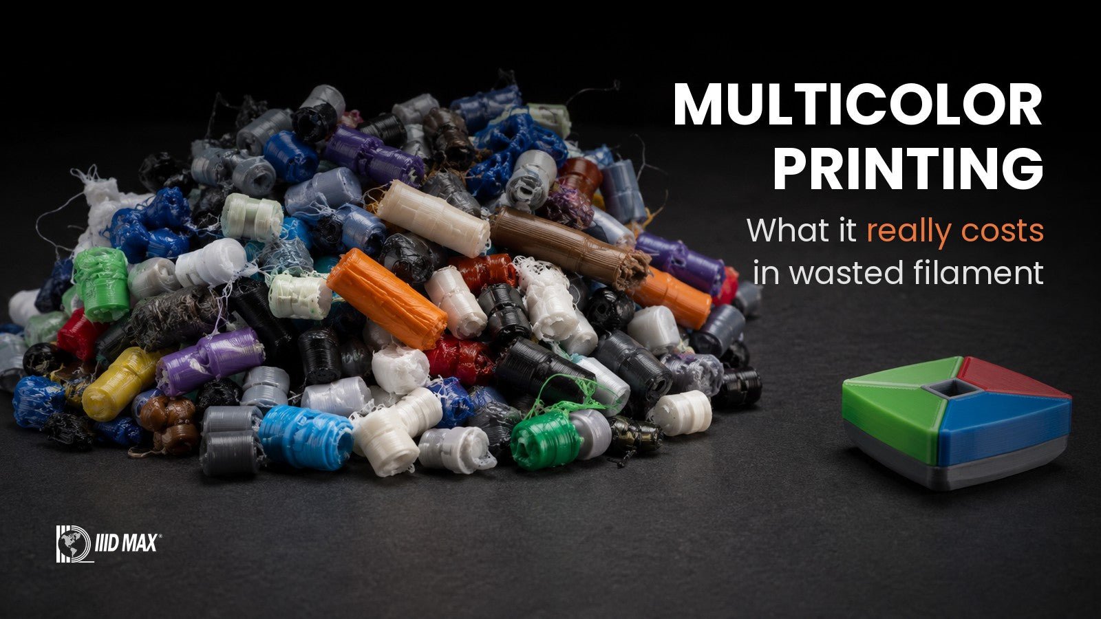 Pile of 3D printing purge waste next to the single multicolor printed part it paid for